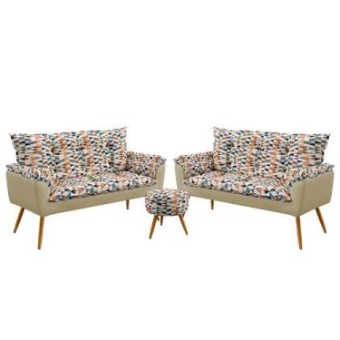 Imagem de Kit 2 Poltronas Namoradeira Beta com Puff Solar Sued Estampado Laranja