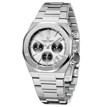 Imagem de Pagani Design Relógios masculinos com cronógrafo de quartzo, relógio de aço inoxidável à prova d'água de 100 m, diâmetro do mostrador de 40 mm, vidro de safira, Branco, 40MM, esporte