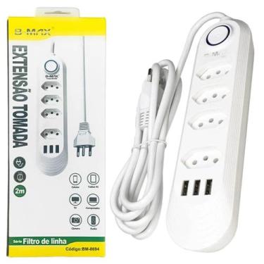 Imagem de Filtro De Linha Extensão Elétrica Régua 4 Tomadas 3 Usb 2m - Bmax, Bra