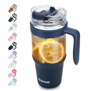 Imagem de Copo de vidro Tronco 1,2 l com canudo e tampa, copo com canudo articulado à prova de vazamentos, com alça, cabe no porta-copos, sem BPA, próprio para lava-louças (azul-marinho)