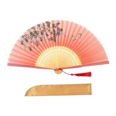 Imagem de Salutto Ventilador de mão com estampa de bambu leque dobrável leque de bambu laqueado para festa de casamento presente com borla e capa de leque flor de pera rosa