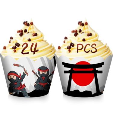 Imagem de 24 peças com estampa de ninja japonês, cupcake de grau alimentício, forro à prova de gordura, forro de muffin, festa ninja de karatê samurai, festa de chá de bebê, forro de cupcake de festa de