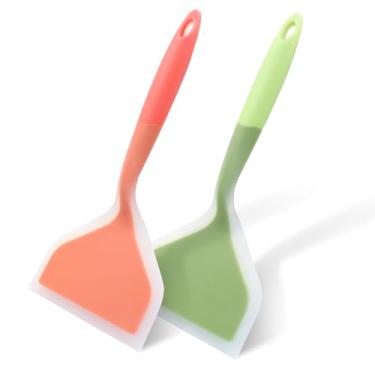 Imagem de Unlorspy 2 espátulas wok de gel de sílica, espátula de panquecas largas, pá de panqueca antiaderente resistente ao calor com cabo curto para cozinhar, assar e refogar (laranja e verde, estilo 2)