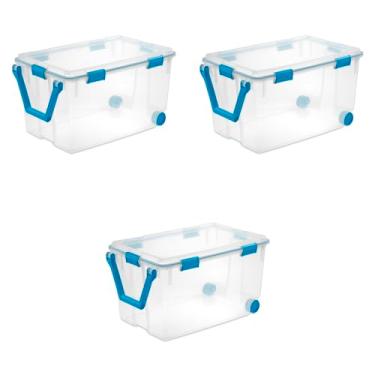 Imagem de Sterilite Caixa de vedação com rodas de 120 Qt, caixa de armazenamento empilhável com tampa de trava, alça e vedação firme, recipiente de plástico com base e tampa transparentes, pacote com 3