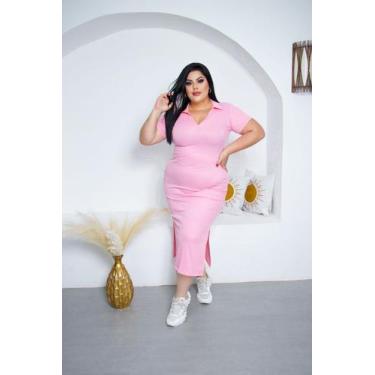 Imagem de Vestido Plus Size Longo Gola Polo Canelado - luh may, Rosa, P