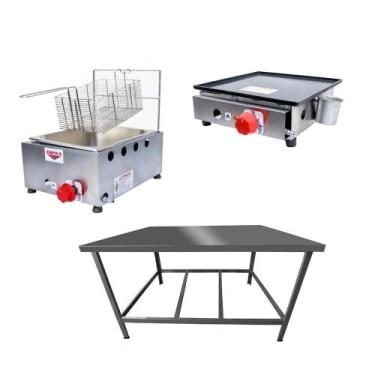 Imagem de Kit Lanchonete Mesa de Manipulação 100x55cm + Fritadeira a Gás 1 Cuba 