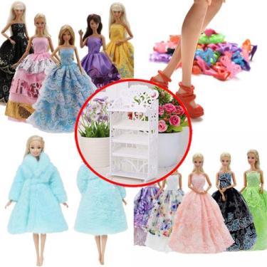 Imagem de Kit para Bonecas Roupas e Acessórios Sapatos Mini Sapateira Casaco Ves