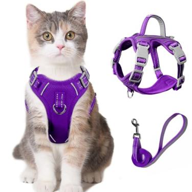 Imagem de Conjunto de coleira e peitoral para gatos para caminhada à prova de fuga para gatos pequenos e grandes com bolso para etiqueta de identificação (roxo, PPP)