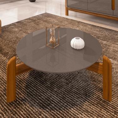 Imagem de Mesa De Centro Sala Lizz Redonda Com Pés Em Madeira Maciça Mesinha de Sala (Cinza Perola/Cedro)