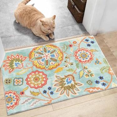 Imagem de Neasow Tapete antiderrapante azul petróleo, flor boho, lavável, tapete de entrada interior para sala de estar, resistente a manchas, decoração de casa, 60 cm x 7 cm