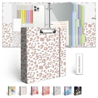 Imagem de Fichário de 3 anéis de 5 cm para papel de 21,6 cm x 28 cm, três fichários com prancheta, 5 divisórias com abas e bolsos, pasta transparente, 18 divisórias stikers, fichário decorativo BVSSX com