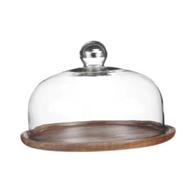 Imagem de Gralara Suporte de bolo em madeira com cúpula de vidro, bandeja para exibição de sobremesas, Tampa de 23cm, Tamanho real