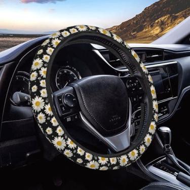 Imagem de Margaridas brancas e círculos capa de volante de carro protetor de volante automotivo elasticidade antiderrapante e respirável acessórios de carro universais 38 cm para carros SUV Sedan Vans caminhões