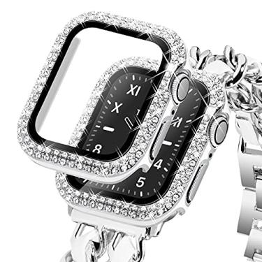 Imagem de KADES Capa Bling para Apple Watch com protetor de tela integrado, vidro temperado, brilhante, strass, capa protetora para iWatch Series SE3 SE2 6 5 4 SE 44 mm, branca com borda prateada
