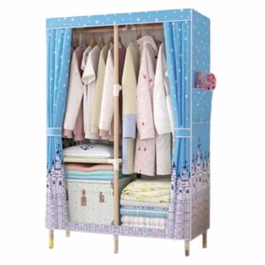 Imagem de Guarda-roupa Armário de guarda-roupa resistente dobrável grosso madeira maciça montado oxford pano único tecido dormitório aluguel pano guarda-roupa armário