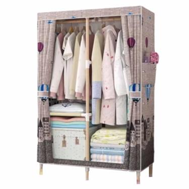 Imagem de Guarda-roupa Armário de guarda-roupa resistente dobrável grosso madeira maciça montado oxford pano único tecido dormitório aluguel pano guarda-roupa armário