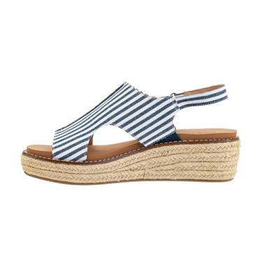 Imagem de Corkys Footwear Sandálias femininas Ready Or Not Wedge com salto de 5 cm – Palmilhas de EVA que melhoram o conforto, fecho de velcro e design elegante de juta na parte inferior, Listra branca