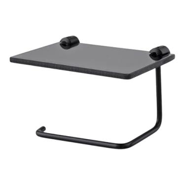 Imagem de Papeleira Porta Papel Higiênico Alumínio Com Prateleira Suporte Celular Vidro Porta Objetos Preto Fumê