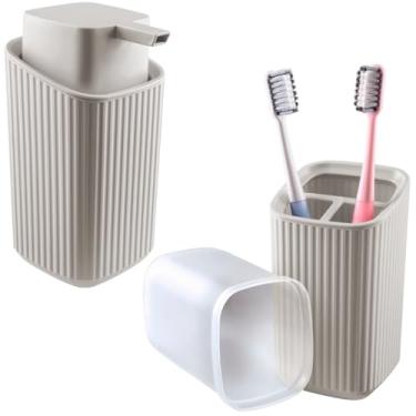 Imagem de Kit Dispenser Sabonete 400ml E Porta Escovas De Dente Com Tampa (Cinza Claro)