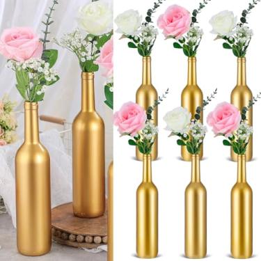 Imagem de Wavwavw Conjunto de 6 peças centrais de flores de vaso dourado para mesa de casamento, garrafa de vinho, vaso de flor, suporte de vela com eucalipto rosa artificial para decoração de mesa de festa de