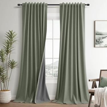Imagem de Cortinas pretas de linho verde sálvia para sala de estar, quarto, 300 cm de comprimento, conjunto de 2 painéis, gancho traseiro, cinto, texturizado, bloqueio de luz, isolamento térmico, à prova de som