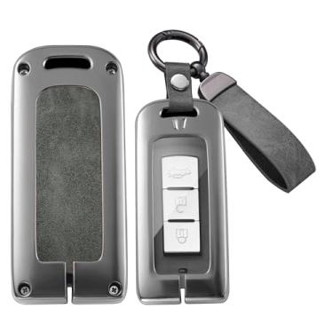 Imagem de HIBEYO Capa Smart Key Fob compatível com Mitsubishi Outlander Sport Eclipse Cross ASX Mirage RVR Lancer Fortis Ex Acessórios Capa de chave de couro de liga com chaveiros - Cinza Keychian longo