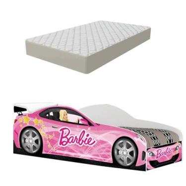 Imagem de Cama Carro Solteiro Barbie com Colchão e Grade e Proteção para Meninas