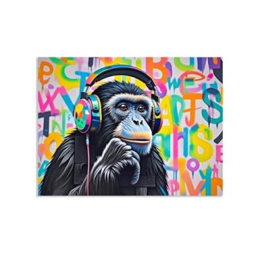 Imagem de SDYJ6GSW Arte de parede com impressão em tela de grafite Monkey Street, Dj Macaco pensante com fones de ouvido, arte em tela animal Banksy para meninos adolescentes quarto sala de estar decoração de