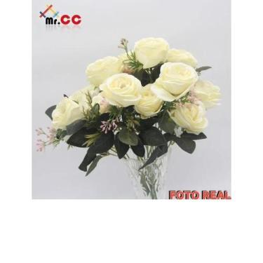 Imagem de Buquê Rosa Envelhecido Galho C/9 Flores Artificial Arranjo - oem, crem