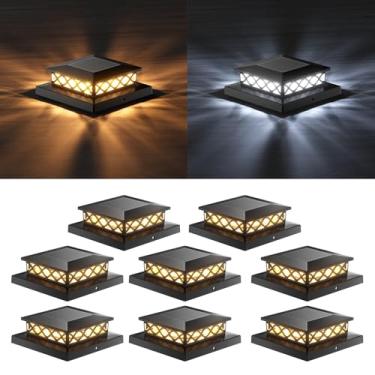 Imagem de TopVelo Poste de luz solar com 8 pacotes, poste de luz solar com 2 modos de luz, 16 LEDs brilhantes decoram deck, pátio, varanda, cerca, serve para postes de vinil/madeira 10 x 15 x 15 e 15 x 15 cm