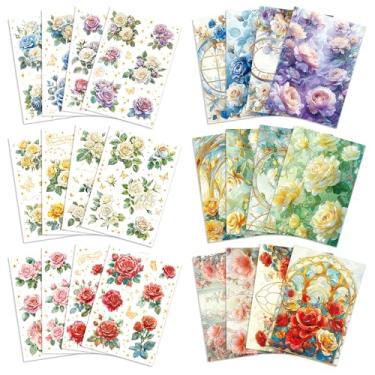 Imagem de Binyuellr Pacote com 6 (84 peças, 24 folhas) Conjunto de adesivos de flores natureza planta floral para artesanato faça você mesmo suprimentos de diário para scrapbooking junk journal bullet journal