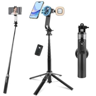 Imagem de WOVTE Tripé magnético de bastão de selfie para iPhone, tripé de telefone de 52 polegadas com controle remoto e 2 luzes de LED, suporte de telefone compatível com iPhone/Android, câmera, GoPro e capa