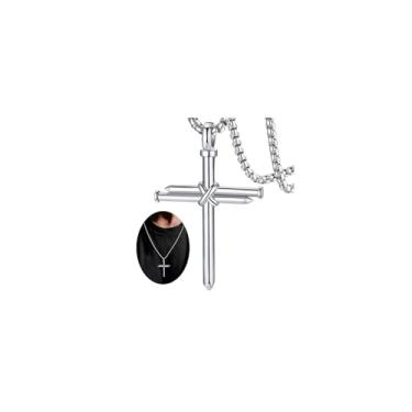 Imagem de FaithHeart Colar masculino com cruz de aço inoxidável, prata/preto/dourado, colares de amuletos religiosos, presentes cristãos para papai, 54mm * 35mm (2.1 inch * 1.4 inch), Aço inoxidável, Sem Pedra