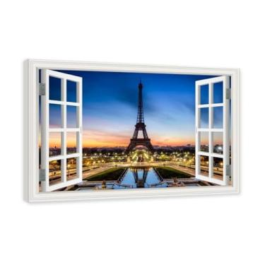 Imagem de Janela de arte de parede com impressão em tela. Visualização de janela falsa. Impressão de imagem natural em tela. Arte de cenário para decoração de sala de estar. (Vista da Torre Eiffel de Paris 18