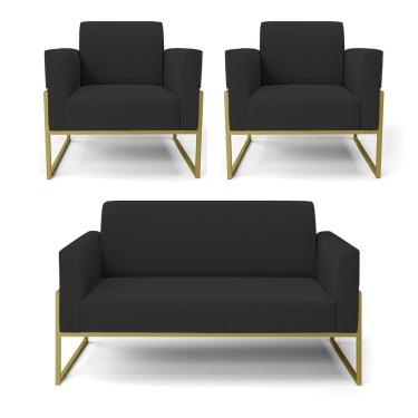 Imagem de Sofá Namoradeira Com 2 Poltronas Base Industrial Alta Dourado Marisa Veludo Preto D03 - D\'rossi