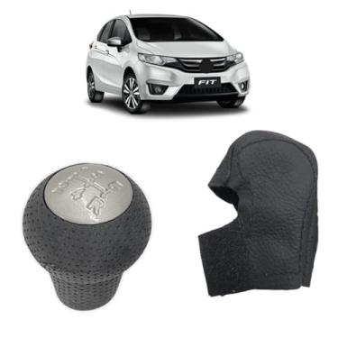 Imagem de Capa Couro Legitimo E Manopla Marcha Alavanca Câmbio Manual Compatível Com Fit Twist 2009 2010 2011 2012 2013 2014 (COSTURA PRETA)