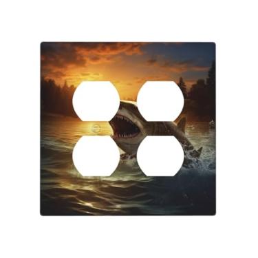 Imagem de Ao anoitecer Placa de parede com estampa de peixe, 2 gangues, interruptor de luz decorativo, resistente à temperatura, capas de tomada elétrica, interruptores de fazenda, placa frontal para decoração