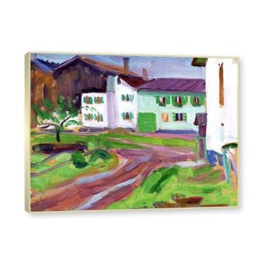Imagem de NHLDZYH Moldura dourada champanhe. Impressões de artistas famosos, (Murnau Farm) por Gabriele Münter, pôster de reprodução de impressões em tela de paisagem para decoração de casa 40 x 50 cm - 15,8 x