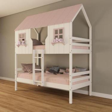 Imagem de Beliche Casinha Encantada Madeira Maciça Branco/ Rosa Housin