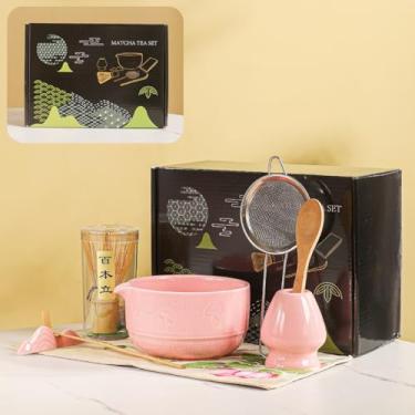 Imagem de Conjunto Matcha, 8 peças de cerâmica matcha tigela e kit batedor com padrão de cogumelo, chawan japonês tradicional, chasen de bambu, colher e peneira, presente para amantes de chá, acessórios de