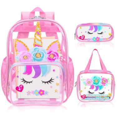 Imagem de SHPMXUPW Mochila escolar de PVC transparente de 3 peças para meninos e meninas, conjunto de mochila transparente infantil de 43 cm com lancheira e estojo de lápis – alças ajustáveis, bolso lateral de