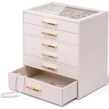 Imagem de Vlando Caixa de joias de 6 camadas para mulheres, organizador de joias com tampa de vidro com 6 gavetas para colares, anéis, brincos, pulseiras - rosa