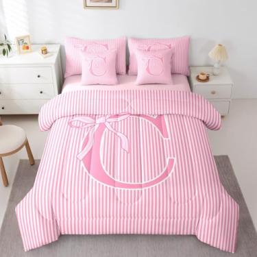Imagem de Feelyou Conjunto de edredom com laço rosa com 7 peças, cama casal, com laço de princesa, sonhadora, para crianças, meninos, meninas, letra C, decoração de quarto, microfibra macia