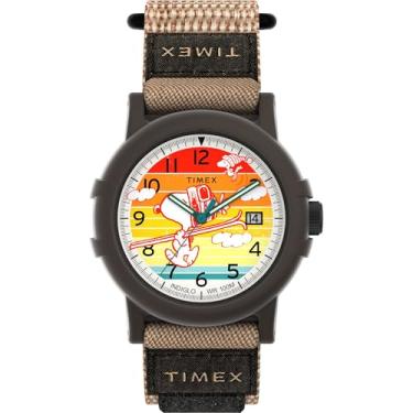 Imagem de Timex Relógio masculino Peanuts Camper 38 mm - Marrom Fastwrap mostrador vermelho caixa preta