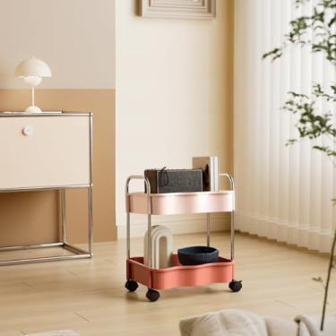 Imagem de Carrinho utilitário de 2 camadas com rodas organizador de carrinho de armazenamento sob a mesa com alça para casa, cozinha, banheiro, escritório, organização, rosa