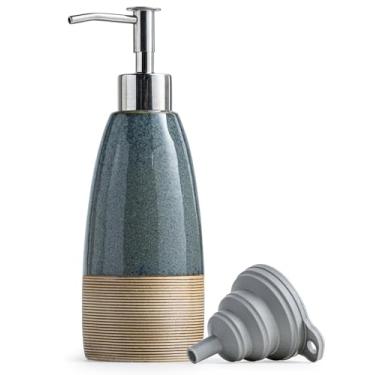 Imagem de Dispensador de sabão de louça de 340 g com 2 bombas, frasco de sabão de mão de cerâmica para xampu, sabonete líquido, loção e dispensador de líquido para bancada de cozinha com funil de silicone, azul