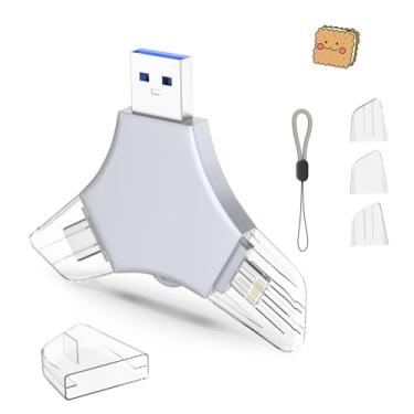 Imagem de Pen Drive USB 3.0 de 64 GB para iPhone, 3 em 1 com memória externa, suporte de fotos, vídeos, armazenamento de dados/backup, pen drives de alta velocidade V11.40 para iPhone/iPad/Android/PC