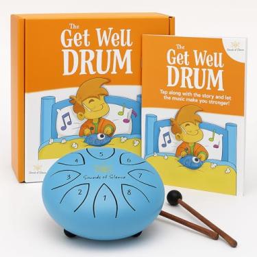 Imagem de The Get Well Drum – Tambor de língua de aço de 15 cm para crianças com livro de histórias musicais e livro de canções – Presente de recuperação – Instrumento musical real para crianças a partir de 4