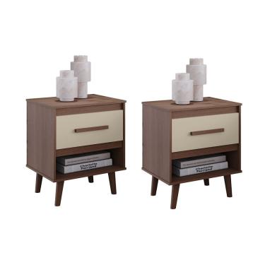 Imagem de Jogo de Mesa de Cabeceira Mila 1 Gaveta Pés Retrô - Savana/Off White Moblis 