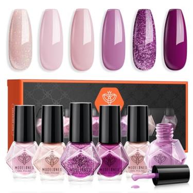 Imagem de modelones Conjunto de 6 cores de esmalte roxo, kit de mini esmaltes brilhantes com glitter rosa, brilho infinito, secagem rápida, arte de unhas de longa duração, faça você mesmo, salão de beleza